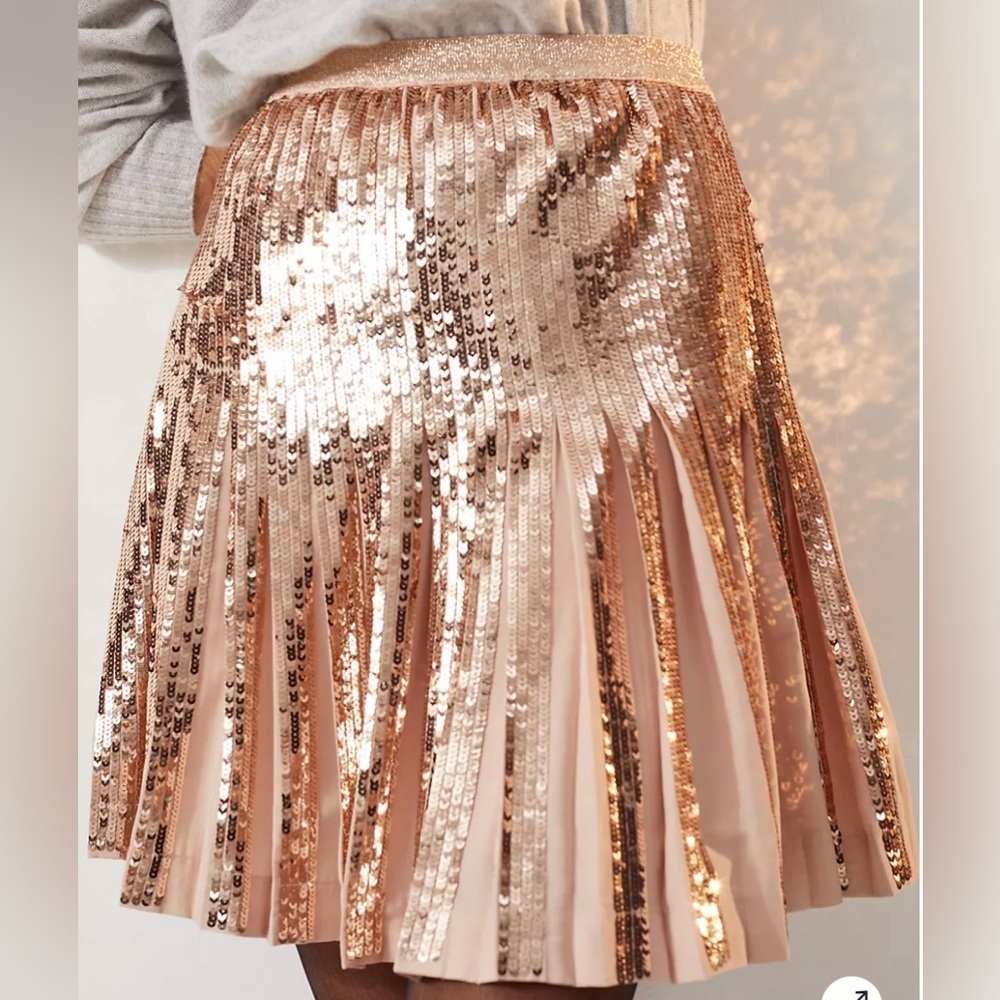 Anthropologie Bea Sequined Mini Skirt Pleated Gold size 4 - Picture 2 of 6